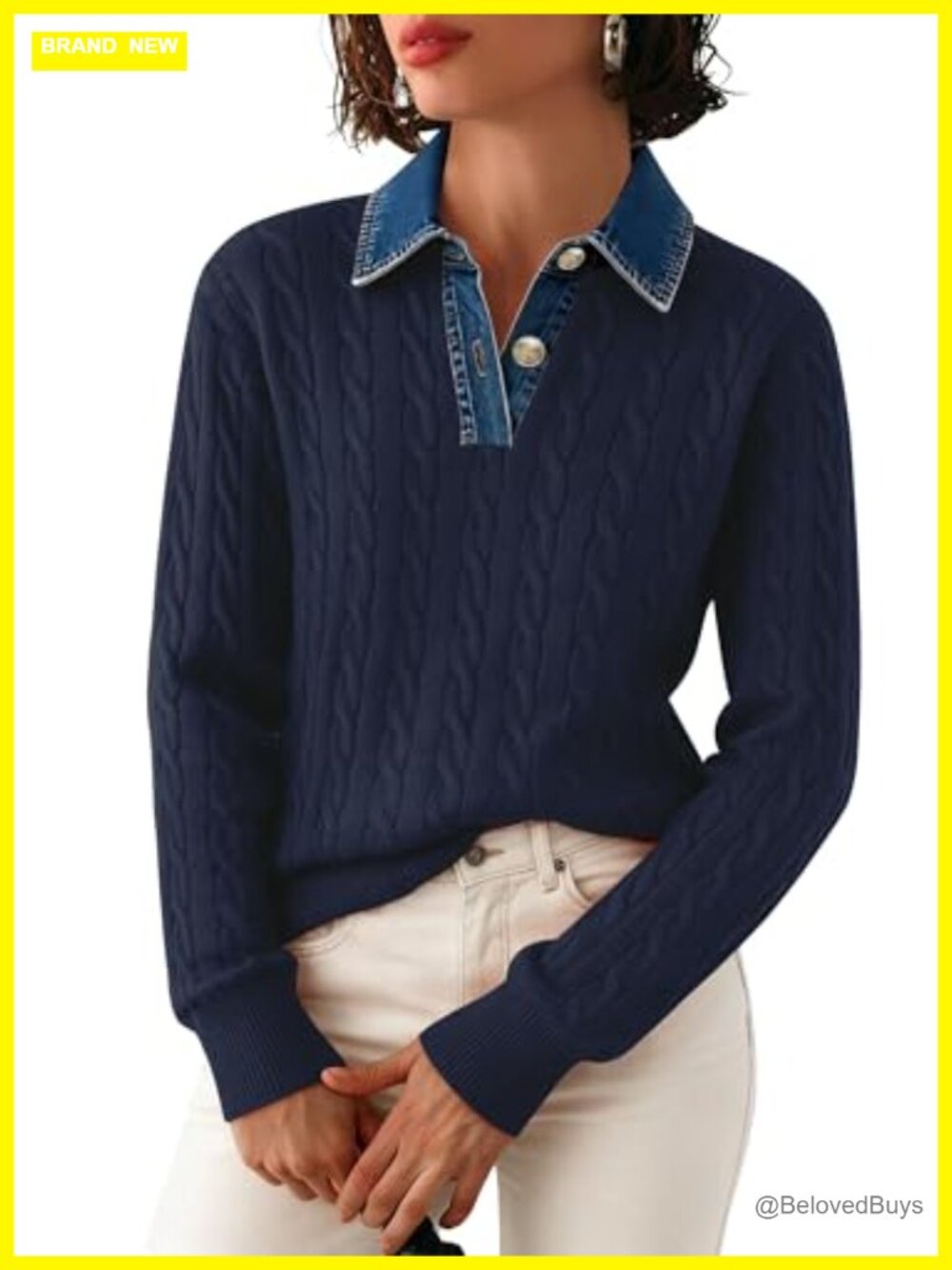 Women's Cable Knit V-Neck Button Denim Lapel Pullover Sweater